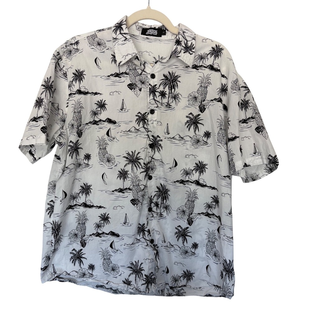 Jogal Tropical Lightweight Vacation Cotton Button Down Preppy White‎ Black L